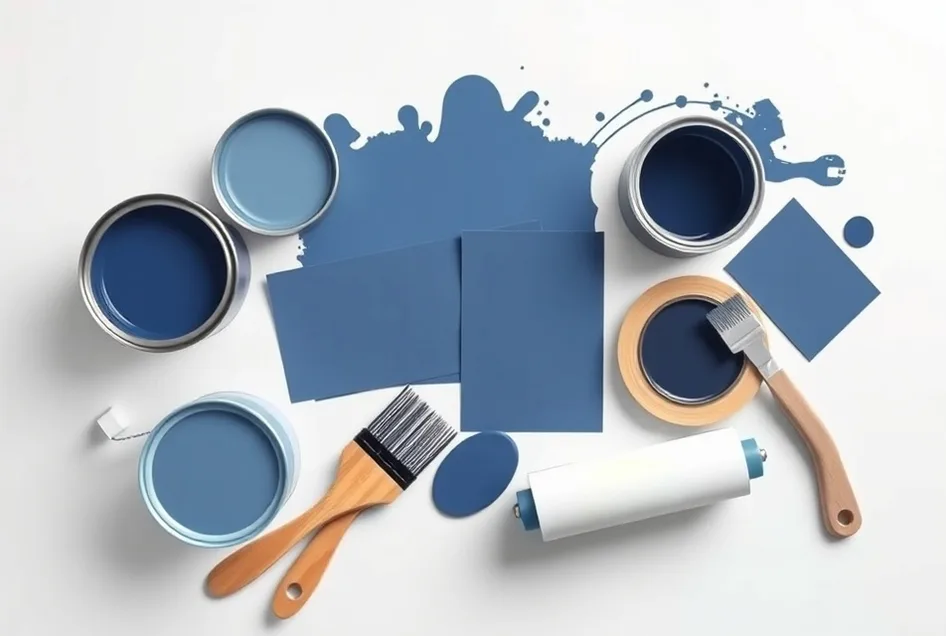 Pots de peinture, nuancier, brosses et rouleaux disposés à plat