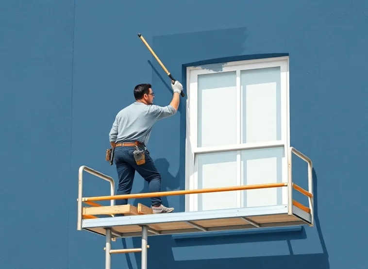 Peintre sur échafaudage traitant la façade d'une maison
